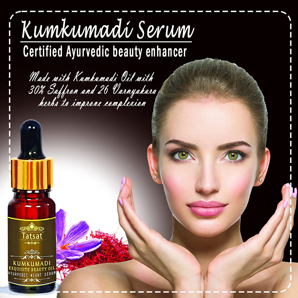 TATSAT - WELLNESS THROUGH AYURVEDA Certified Ayurvedic Kumkumadi Exquisite Face Serum with Authentic kumkumadi oil with 30% Saffron & 23 VARNYAKARA herbs for spotless,wrinkle free glowing skin-10ml