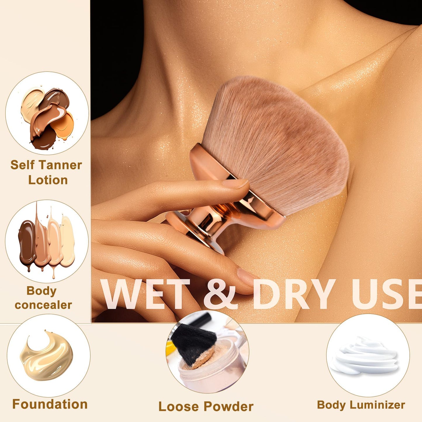 Tinoaly Extra Large Body Makeup Brush for Self Tanner, 3.54 Inch Big Wide-Headed Oval Tan Kabuki Brush Bronzers Blend Self Tanning Applicator with Drawstring Bag for Face Neck Back Legs Wet & Dry Use (Gold)