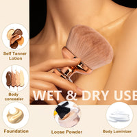 Tinoaly Extra Large Body Makeup Brush for Self Tanner, 3.54 Inch Big Wide-Headed Oval Tan Kabuki Brush Bronzers Blend Self Tanning Applicator with Drawstring Bag for Face Neck Back Legs Wet & Dry Use (Gold)