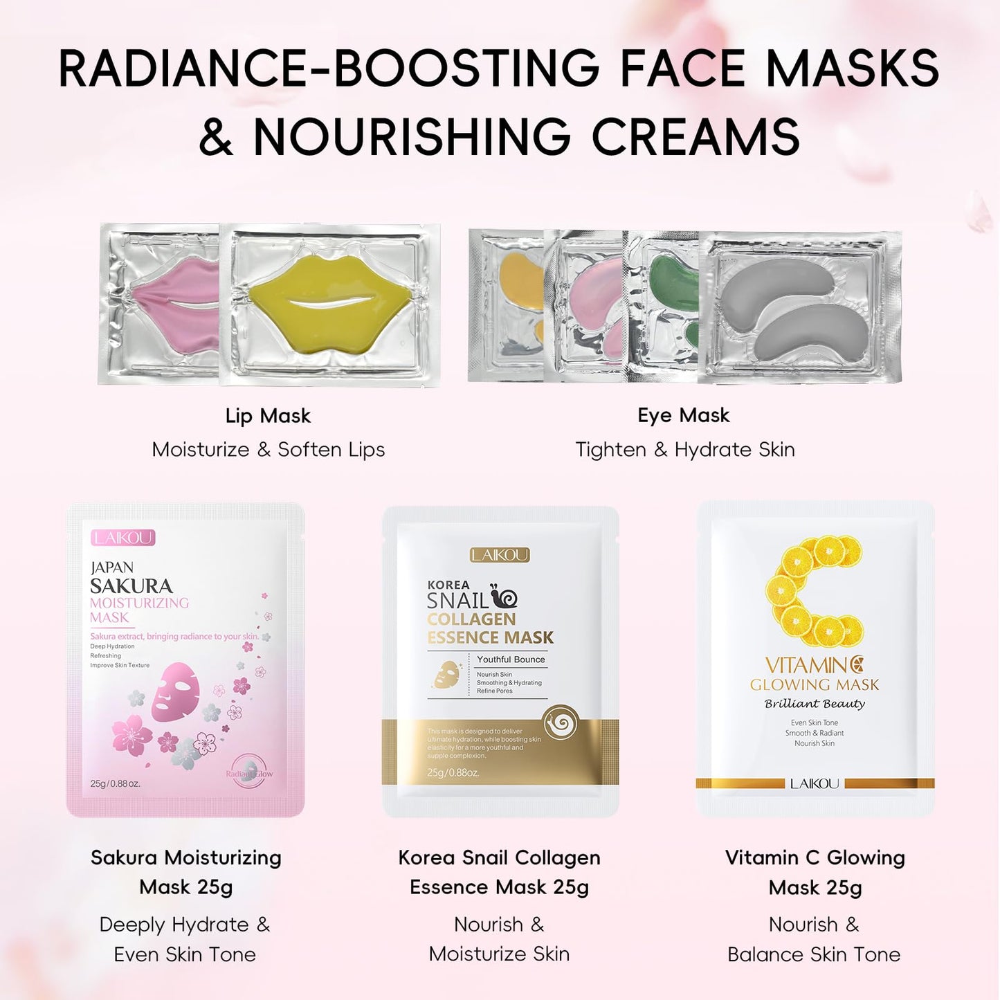 LAIKOU Face Mask Skincare Set, 24 Pcs Pamper Gifts for Women, 3 x Face Masks, 5 x Sleeping Masks, 6 x Mud Masks, 4 x Face Creams, 4 x Eye & 2 x Lip Masks, Care Package Gift Sets for Her Teenage Girls