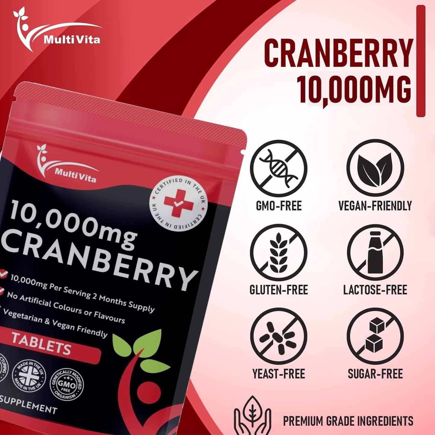 Cranberry Tablets 10,000mg 120 Vegan Tablets 2 Months Supply - High Strength Supplement for Women and Men Cranberry Extract for Urinary Tract Bladder and Kidney Support (not Capsules) UK Made GMO Free