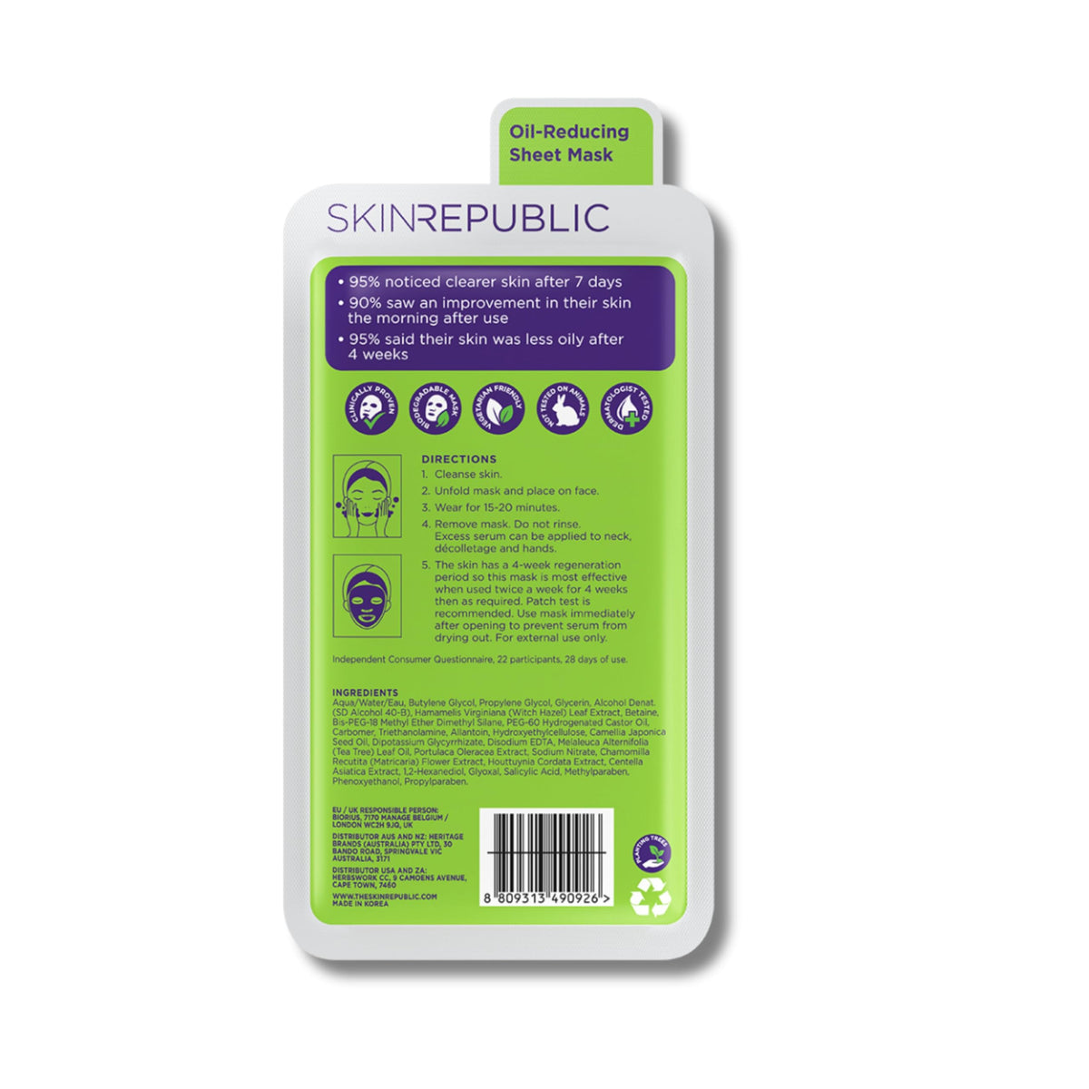 Skin Republic Tea Tree & Salicylic Acid Sheet Mask | Cleans Pores | Reduces Dark Spots and Blemish | Helps Brighten Skin | Evens out Complexion (Pack of 1)