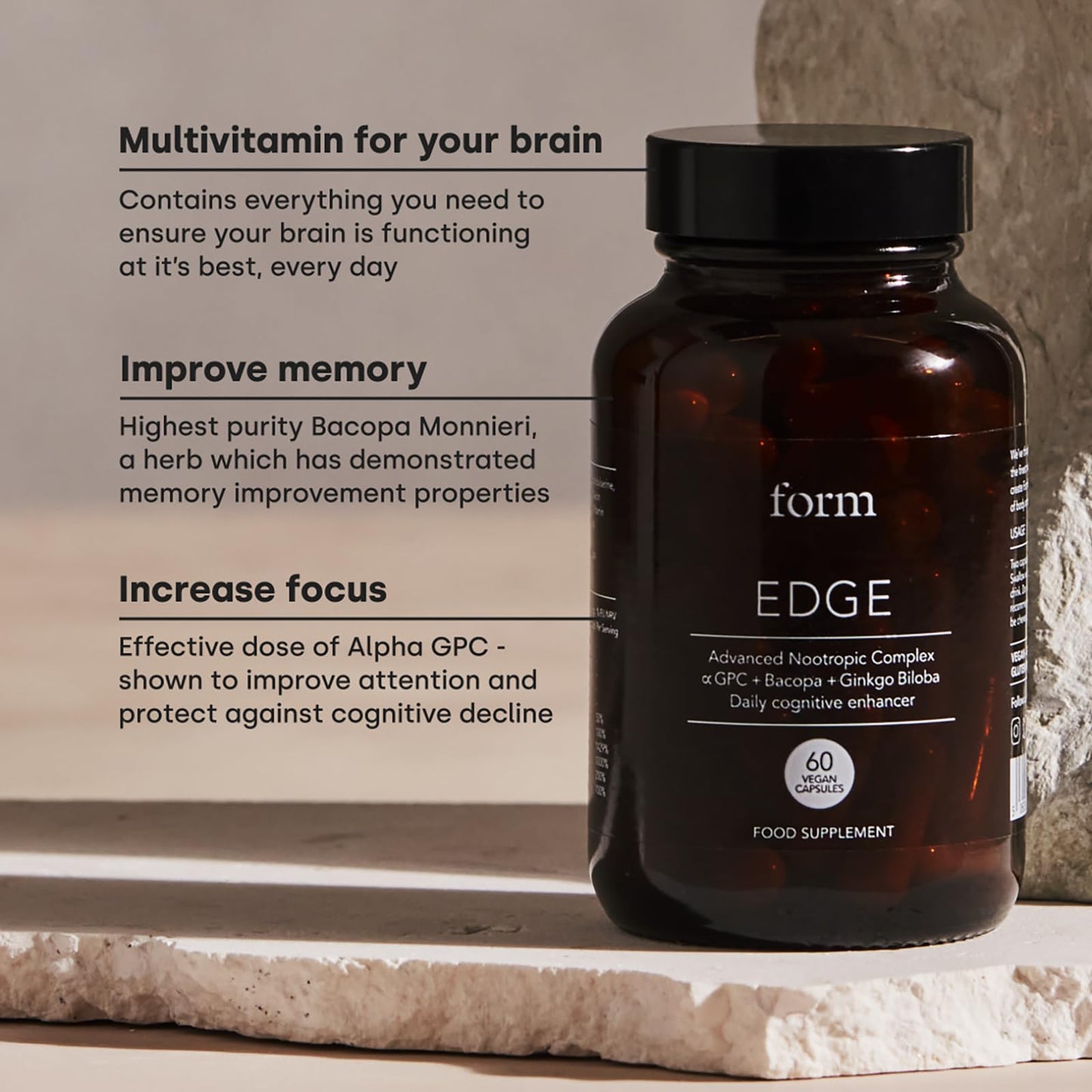 Form Edge - Natural Nootropic for Focus | Daily Cognitive Enhancer to Improve Memory and Increase Calmness | Alpha GPC | Herbal extracts, nootropics and B Vitamins | Bacopa Monnieri | Ginkgo Biloba