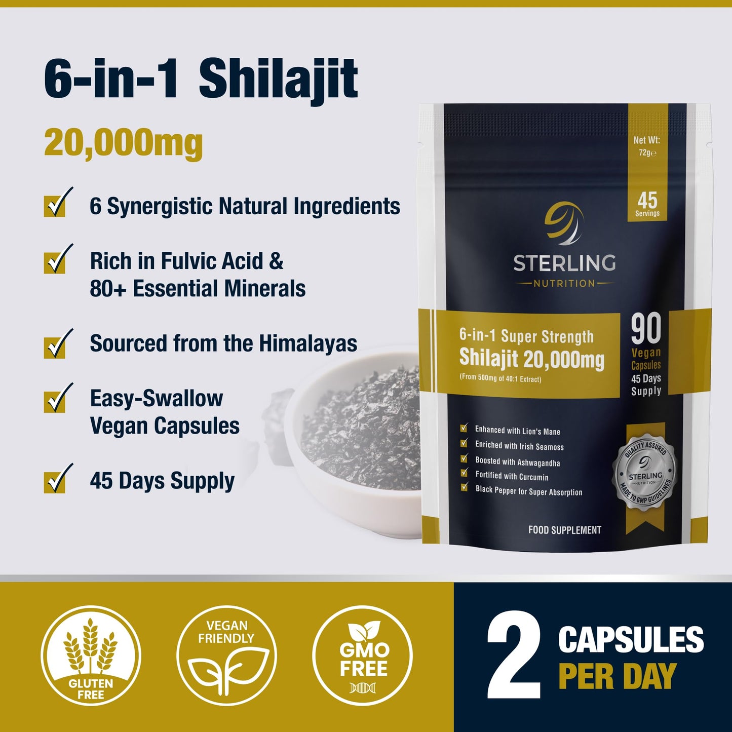 Shilajit Capsules – Himalayan 20000mg 6-in-1 Super Strength Complex | with Lion’s Mane, Irish Sea Moss, Ashwagandha, Curcumin & Black Pepper | 90 Vegan Capsules | STERLING NUTRITION
