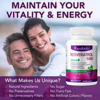Resveratrol Supplement 1480mg, 90 Capsules High-Potency Trans-Resveratrol Supplement for Heart, Skin, and Anti-Aging Antioxidant