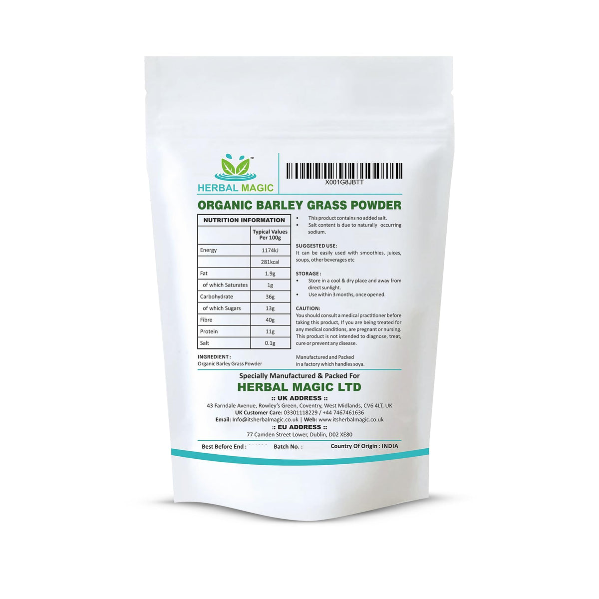 Herbal Magic Organic Barley Grass Powder, Delicious Addition for Smoothies, Milkshakes & Recipes, Natural Wholefood Ingredient, Free from Fillers & Preservatives-100g