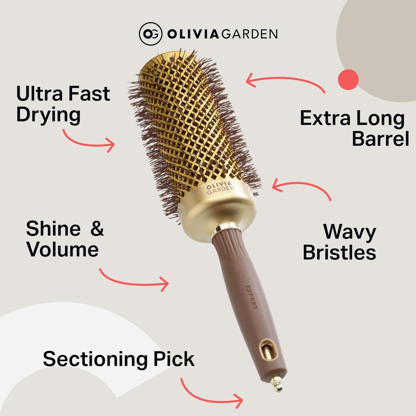 Olivia Garden Expert Blowout Speed – Gold & Brown - 55 - Ceramic Coated Round Brush with Extra Long Barrel for 25% Faster Blowouts