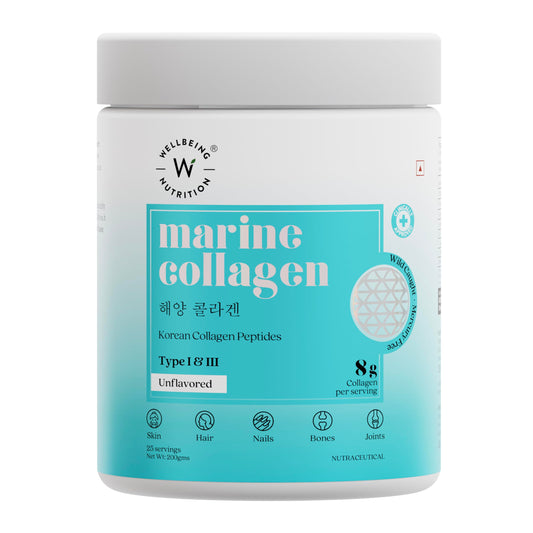 Wellbeing Nutrition Pure Korean Marine Collagen Powder | Hydrolyzed Type 1 & 3 Collagen Protein and Amino Acids |Supports Healthy Skin, Hair, Nails, Bone & Joint, Non GMO, Unflavored - 200g