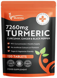 Multivita Turmeric Curcumin Tablets 7,260mg Per Serving - 95% Curcuminoids 2 Months Supply - with Ginger & Active Curcumin Including Black Pepper to Aid Absorption - High Strength Tumeric Supplement - Vegan UK