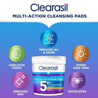Clearasil 5-in-1 Ultra Cleansing Salicylic Acid Pads, Face Exfoliating for Acne Prone Skin, Unblock Pores, Reduces Blackheads, Pimples & Excess Oil, Everyday Spot Prevention, Pack of 65