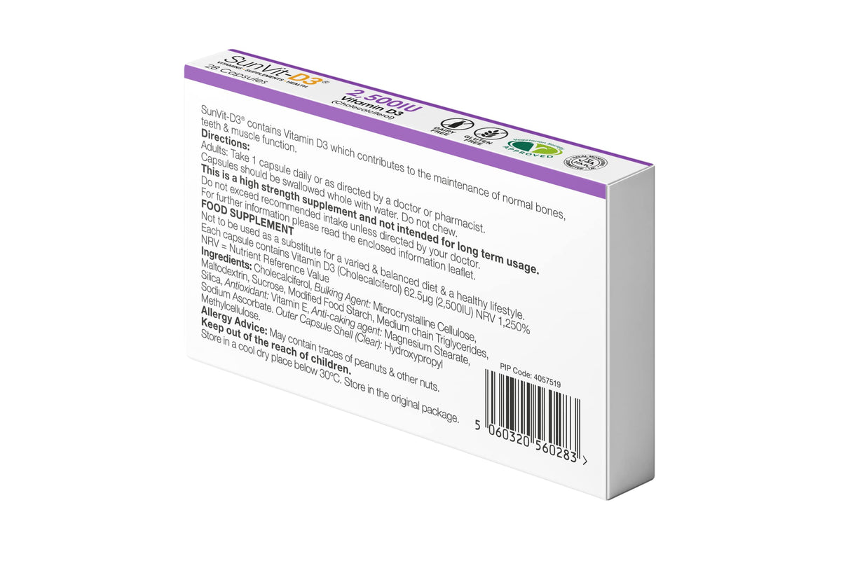 SunVit-D3 High Strength Vitamin D 2500iu Capsules - Cholecalciferol Vitamin D Capsules Support the Maintenance of Bone, Teeth, Muscle & Immune System | UK Made & GMP Approved - D3 Vitamins 28 Capsules