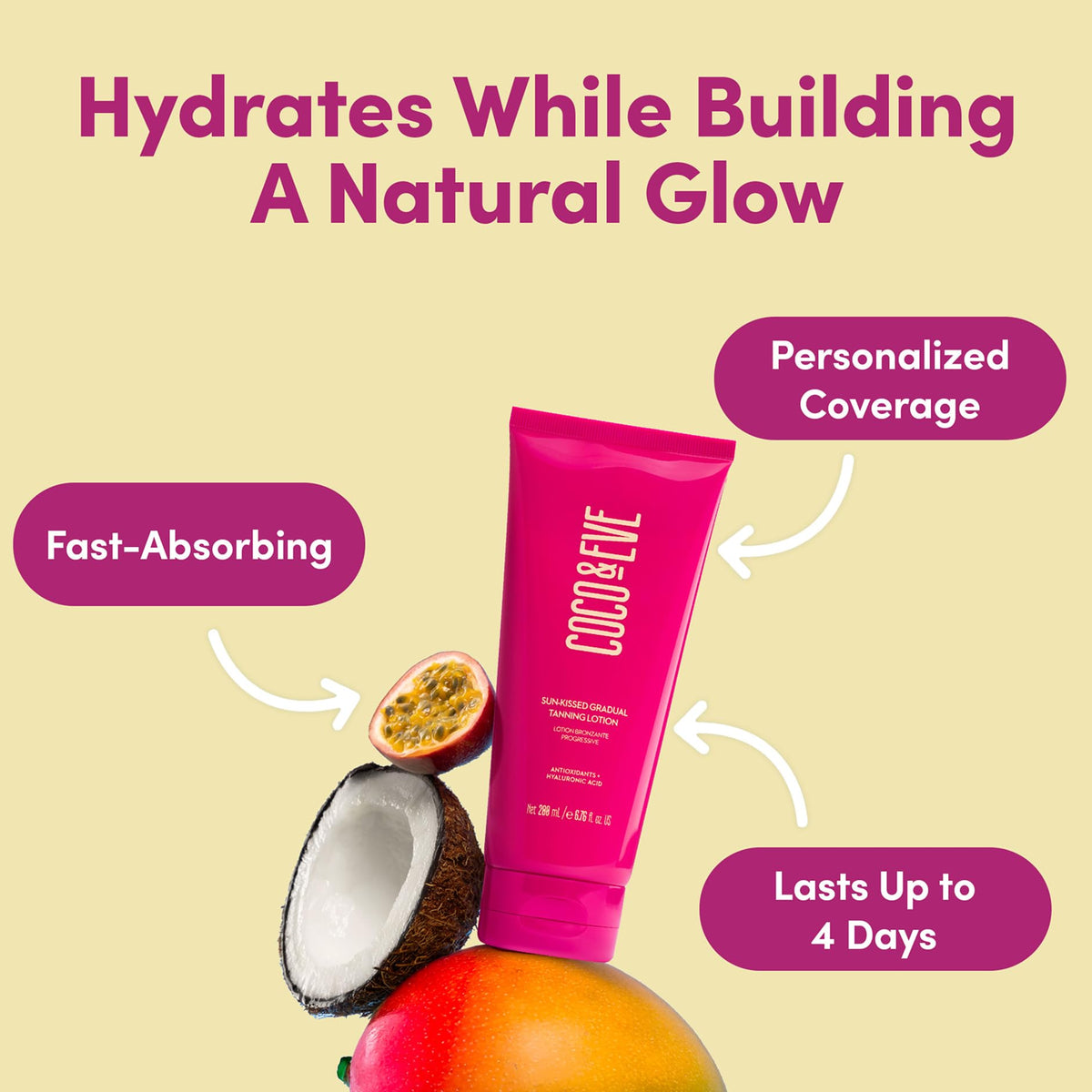 Coco & Eve Sun-kissed Gradual Tanning Lotion - Natural Sunless Moisturizing Tanner with 72H Hydration & Streak-Free, Buildable Glow. Skincare-Infused with Antioxidants and Hyaluronic Acid. (200ml)