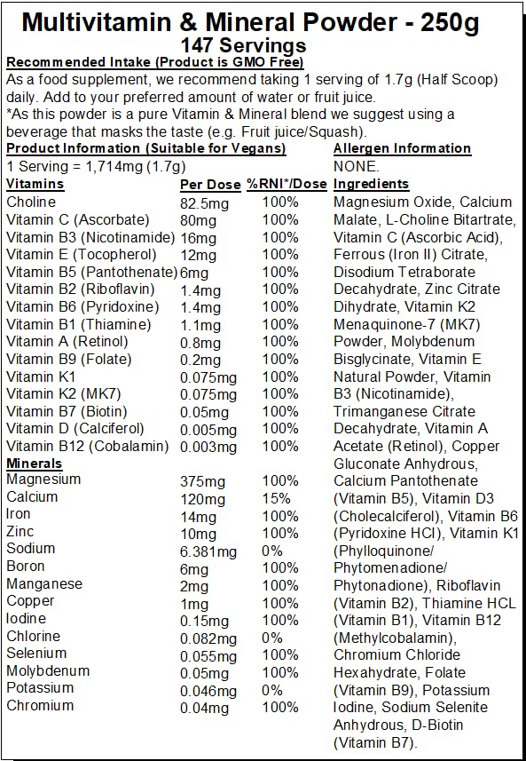 Peak Supps Multivitamin and Mineral Powder 250g - Vegan | Pure | Blend of 29 Ingredients