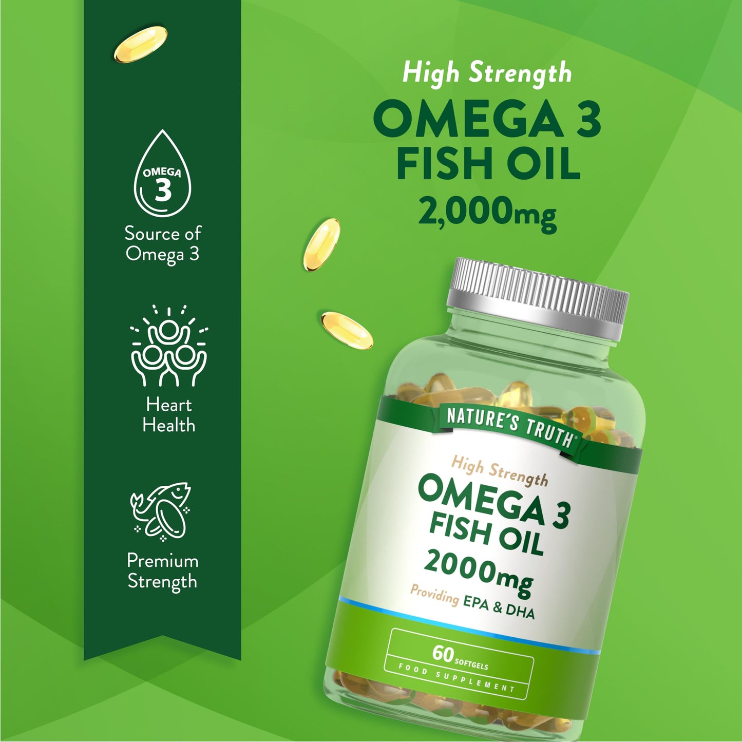 Omega 3 Capsules High Strength 2000mg | Providing EPA & DHA | Natural Source of Omega 3 Fish Oil | Wild-Caught Essential Fatty Acids | 60 Softgels | Nature's Truth