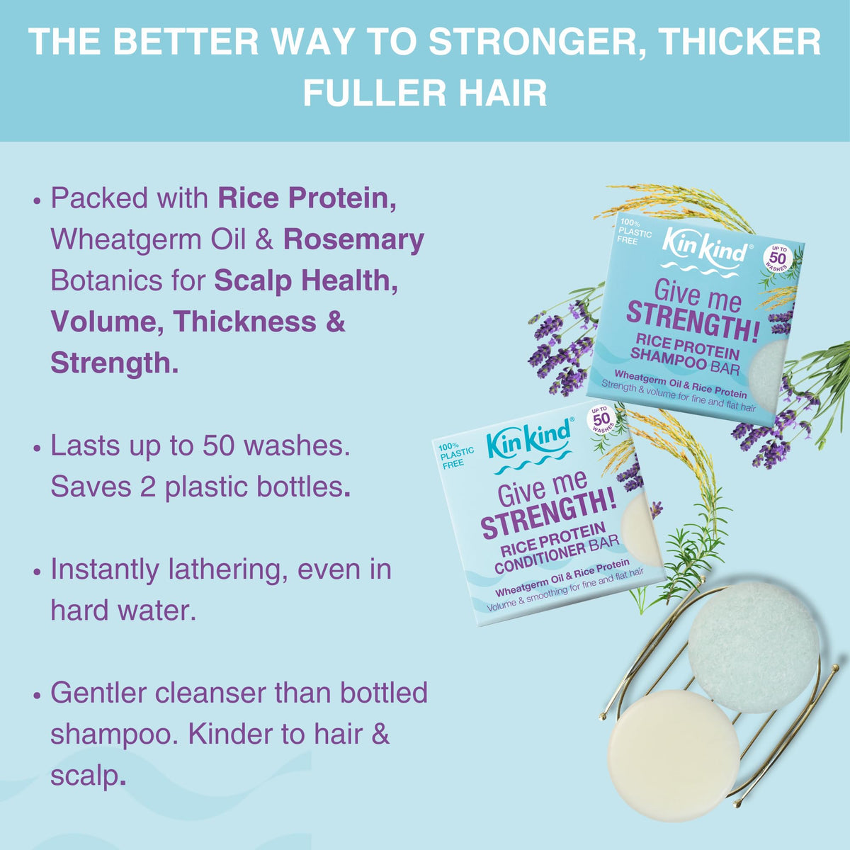 KinKind Rice Water Shampoo Bar for Hair Growth. Give Me STRENGTH! 3 Shampoo Bars for hair UK made. Solid Shampoo Bar with Rice Protein. Natural Hair Thickening Menopause Shampoo Bar for Thinning, Fine