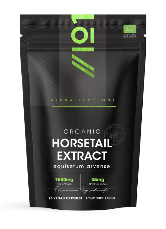 ALPHA01 Organic Horsetail Extract 7500mg – 7% Silicia from High Strength 15:1 Extract – 90 Vegan Capsules (3 Months Supply) – Resealable and Recyclable Pouch by Alpha01