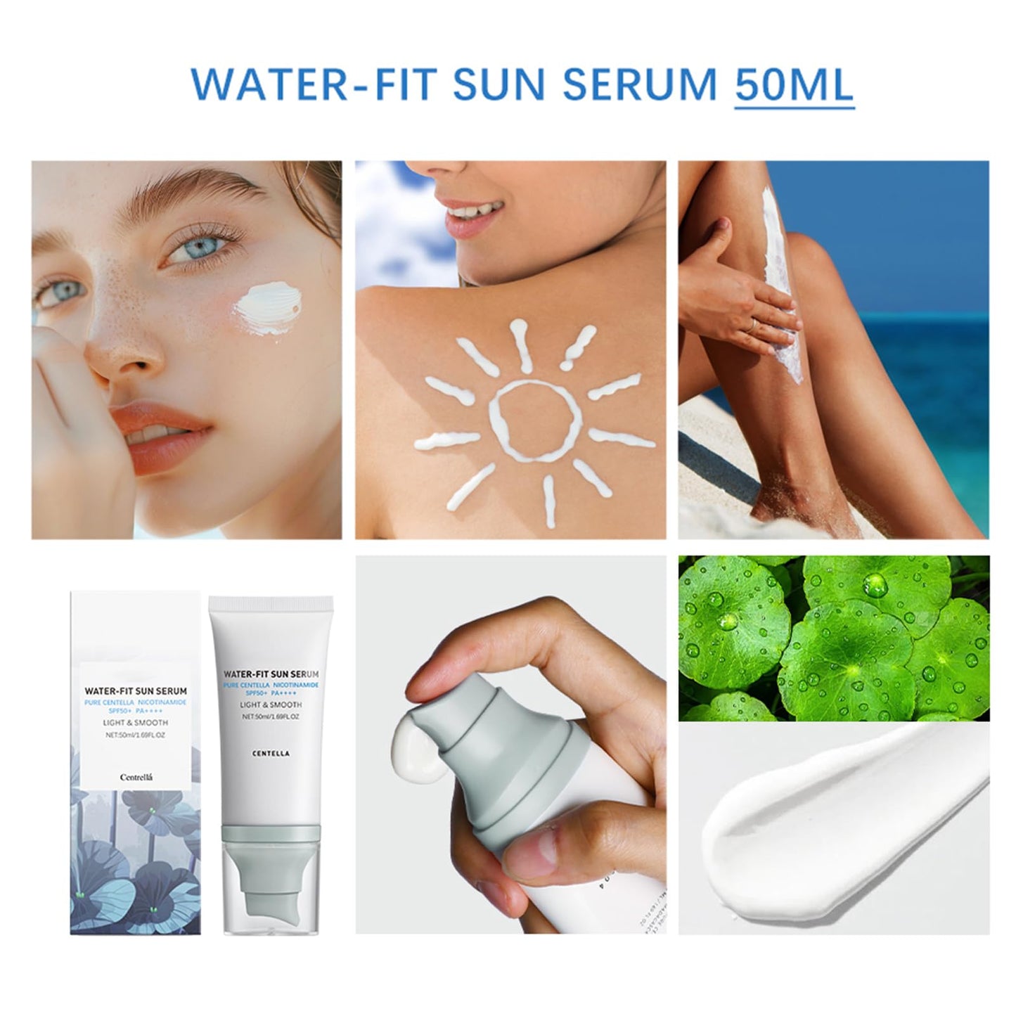 Body Sunscreen Lotion, Madagascar Centella Sunscreen, Centella Sunscreen SPF50, Water-Fit Sun Serum SPF50 + Pa++++ - Pure Centella Nicotinamide - No Sticky Refreshing Universal Sunscreen UV Defense
