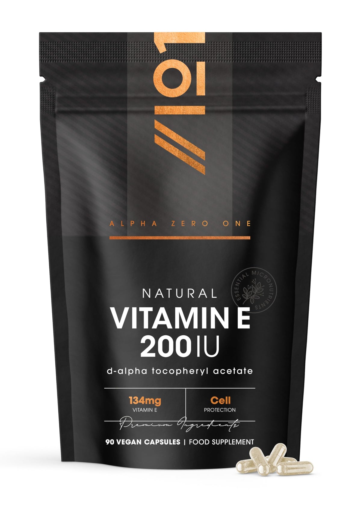 ALPHA01 Vitamin E 200IU D-Alpha Tocopherol – 100% Natural Vitamin E – 90 Vegan Capsules – Highly Absorbable – 3 Month Supply – Protects Cells from Oxidative Stress – by Alpha01