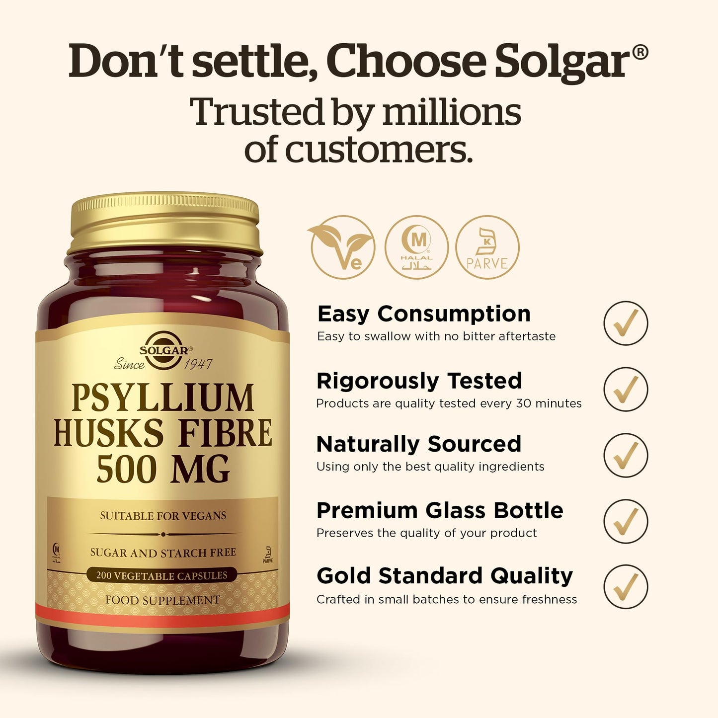 Solgar Psyllium Husks Fibre 500 Mg Vegetable Capsules, Pack of 200, High in Soluble Fiber, Vegan