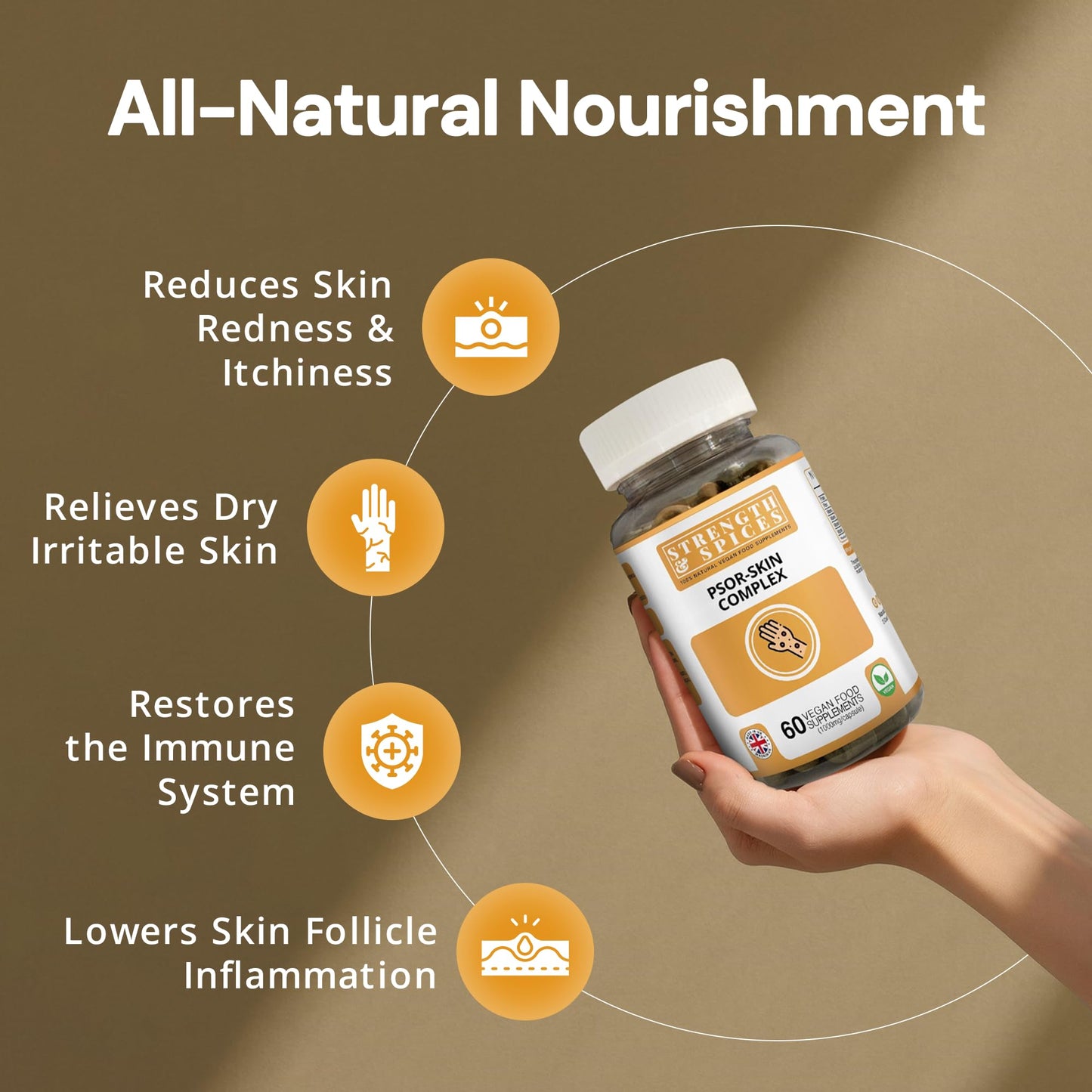 STRENGTH & SPICES100% Natural Vegan Food Supplements Strength & Spices Psoriasis Relief Skin Care Supplements, Immune System Booster with 31 Powerful Ingredients and Amino Acids, Soothes Red, Flaky Skin, 1000 mg, 60 Vegan Capsules