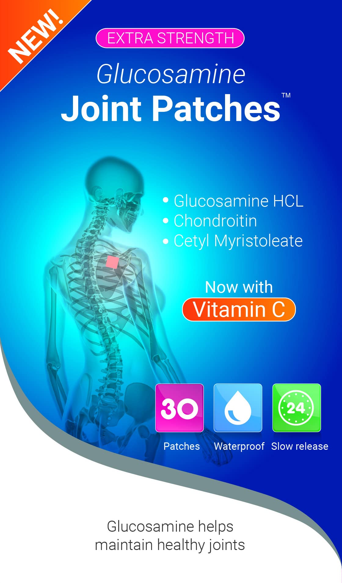 Snowden Glucosamine and Chondroitin High Strength Joint Patches with Vitamin C - Muscle and Joint Care Health Products, Natural Ingredients - Discreet and Waterproof, Slow Release - 30 Day Supply