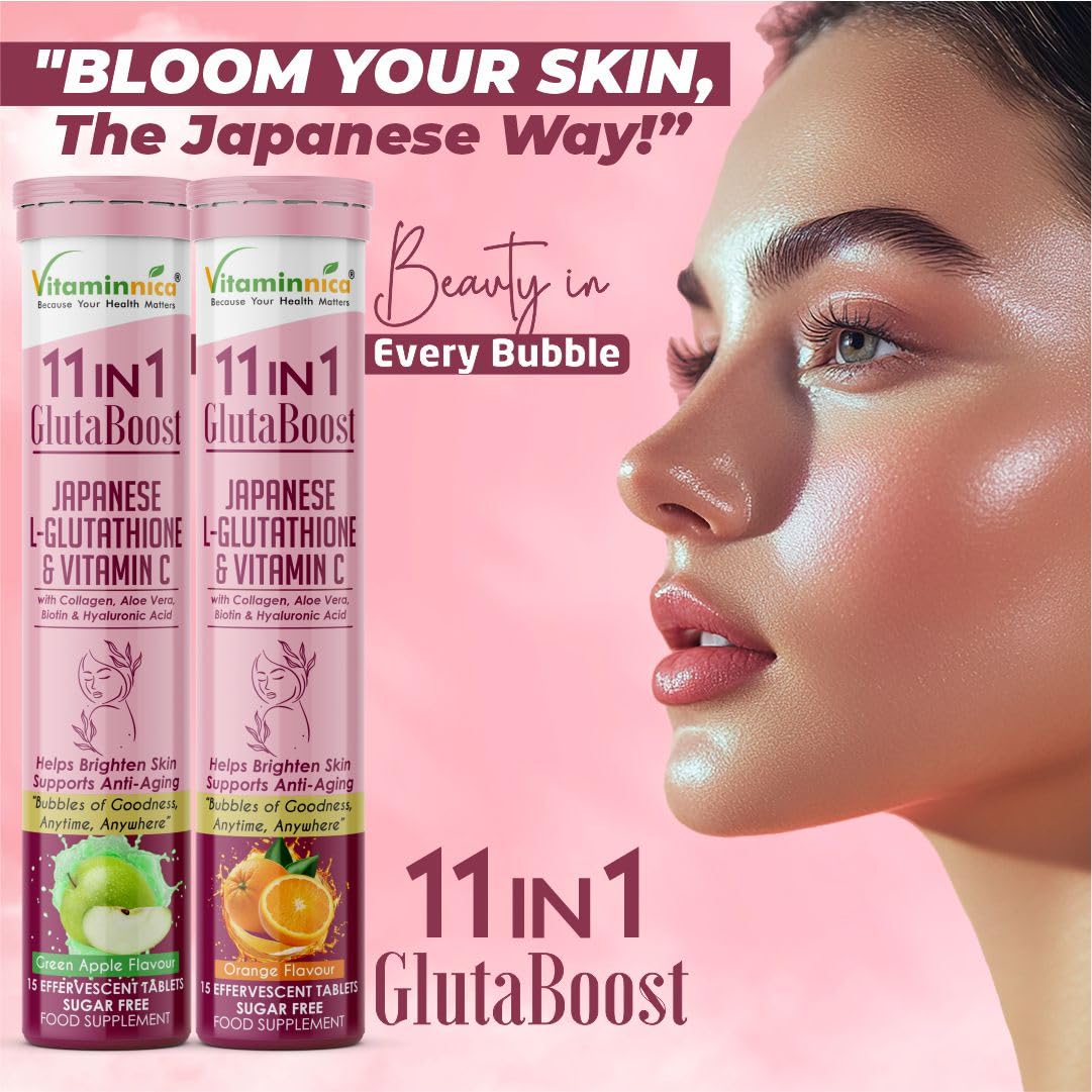 Vitaminnica Because your Health Matters Vitaminnica Gluta Boost 11-in-1 Effervescent Tablets with Japanese L-Glutathione, Collagen, & Hyaluronic Acid | Skin Radiance & Beauty Supplement | 15 Tablets (Pack of 5, Orange)