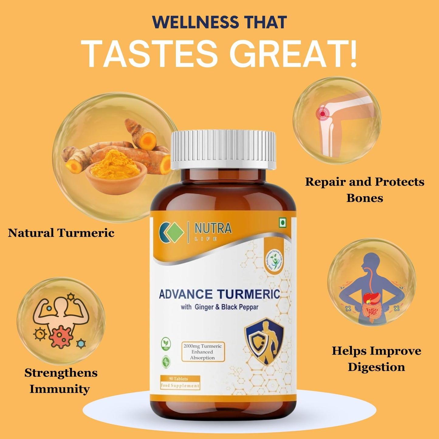 NUTRA LIFE Nutra Life Advanced Turmeric with Black Pepper & Ginger Tablets High Strength Supplement 90 Tablets with 2000mg Curcumin for Women & Men 3 Month Supply Vegan Friendly Gluten-Free