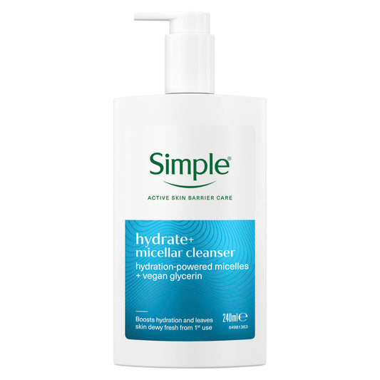 Simple Hydrate+ Micellar Facial Cleanser with hydation-powered micelles + vegan glycerin boosts hydration and leaves skin dewy-fresh from the first use 240 ml