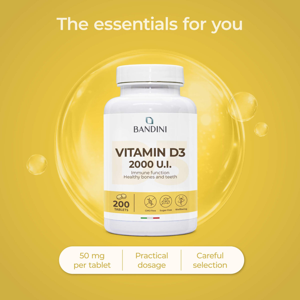 BANDINI Bandini® Vitamin D 60,000 IU/Month 200 Tablets (+6 Month), Immune Defence, Bone, Teeth and Muscle Health, Calcium Metabolism, 50 mcg Cholecalciferol, Pure Vitamins D3, VIT D 3 High Dosage