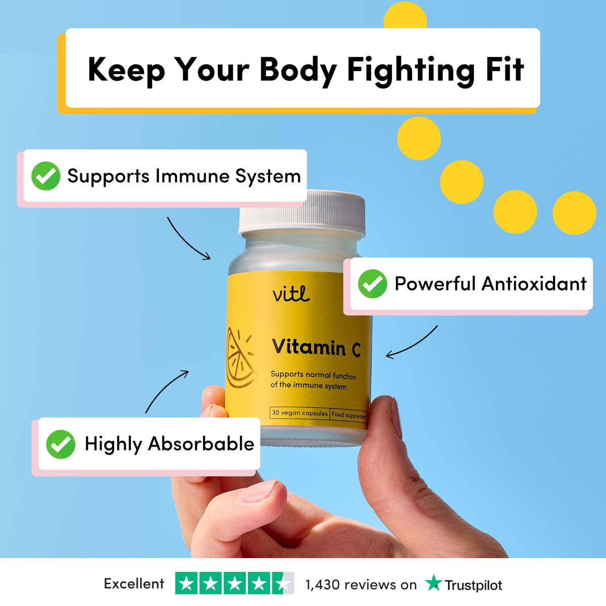 VITL Vitl Vitamin C 500mg Supplement - 30 Vegan Easy to Swallow Capsules - Support Normal Functioning of the Immune System - 1 Month Supply