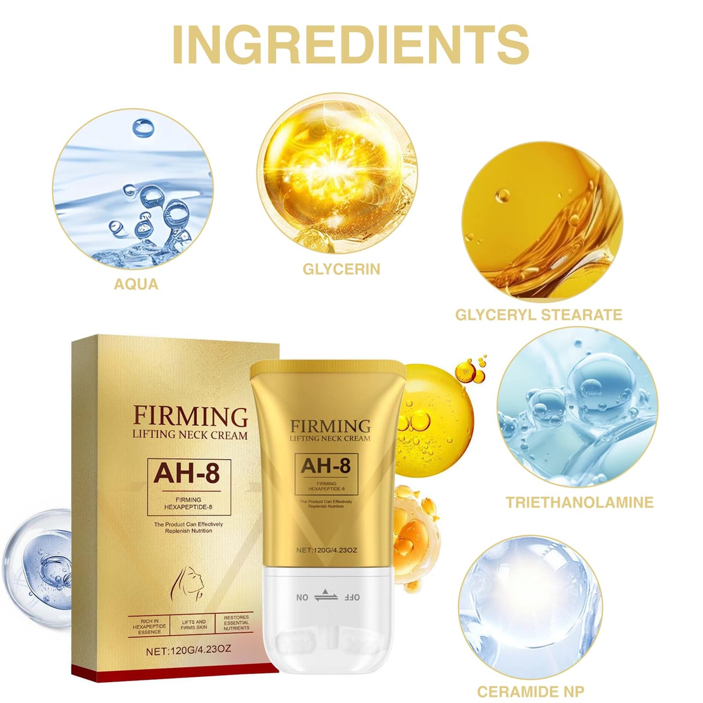 Ninnyi Neck Firming Cream, AH 8 Firming Neck Cream with Double Roller Massage, Reduce Wrinkles Fine Lines and Double Chin, Firm and Lift Sagging Skin