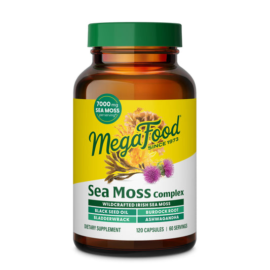 MegaFood Sea Moss Complex - Irish Sea Moss 7000mg Per Serving Plus Black Seed Oil, Burdock Root, Bladderwrack & Ashwagandha - Vegan Gut Health & Immune Support Supplement, 120 Capsules, 60 Servings