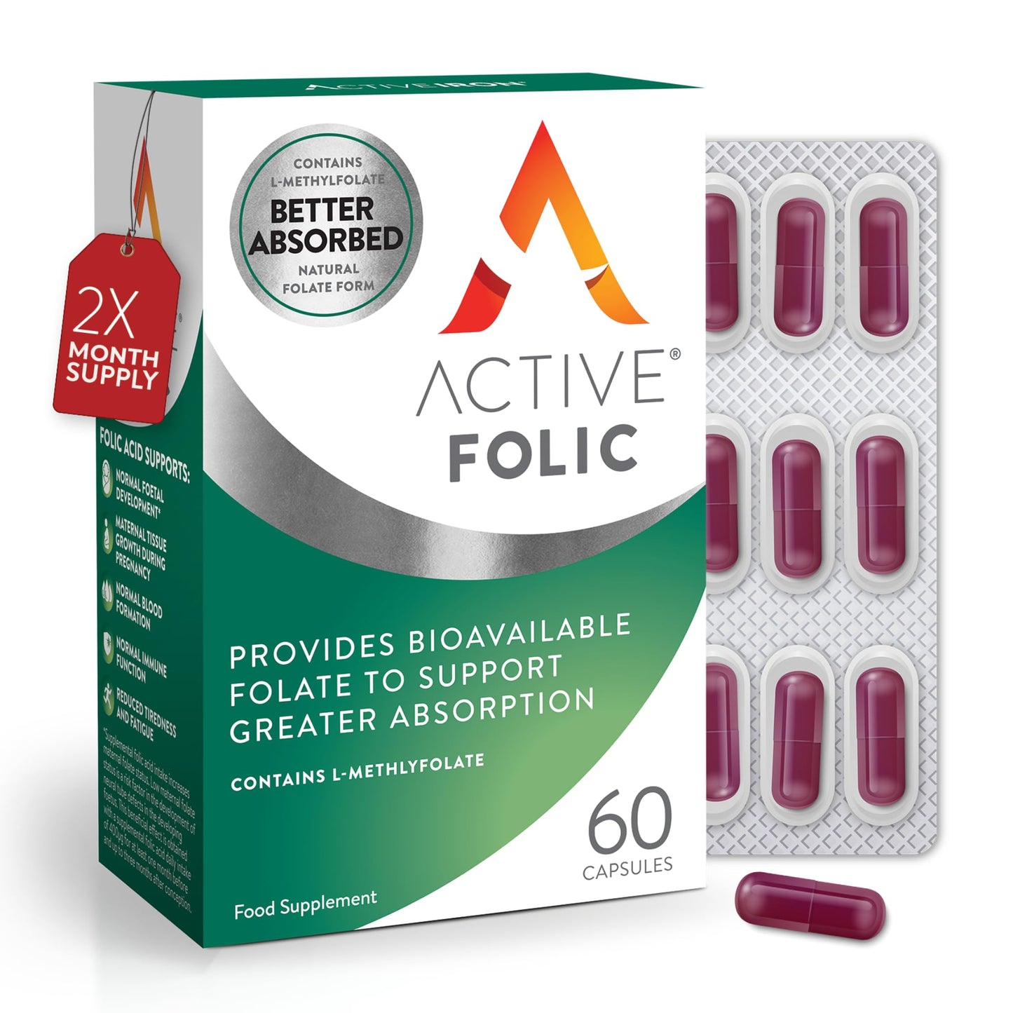 Solvotrin Active Folic 400 mcg – L-Methylfolate Folic Acid Supplement – Highly Absorbed, Vegan – Supports Pregnancy, Energy, Tiredness & Fatigue Reduction – 60 Capsules (2-Month Supply)