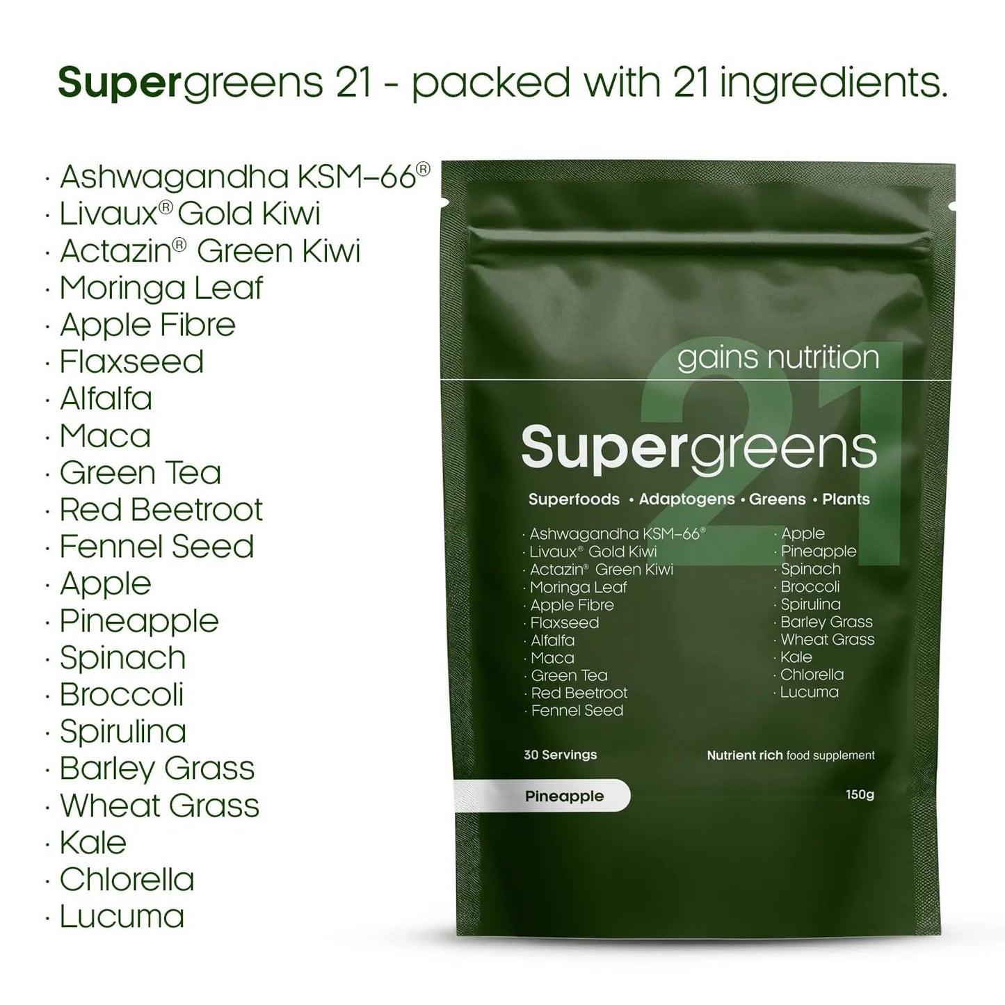 GN Super Greens 21 Powder | 150g Greens Powder with KSM-66 Ashwagandha, Actazin & Livaux Golden Kiwi, Alfalfa & More | Superfood Powder - Pineapple Flavour Supergreens Powder | Made in The UK