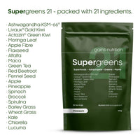 GN Super Greens 21 Powder | 150g Greens Powder with KSM-66 Ashwagandha, Actazin & Livaux Golden Kiwi, Alfalfa & More | Superfood Powder - Pineapple Flavour Supergreens Powder | Made in The UK