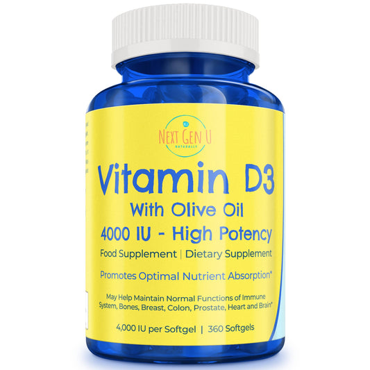 Next Gen U Vitamin D3 4000 IU Food Supplement w/Olive Oil to Support Immune & Bone Health, 360 Softgels
