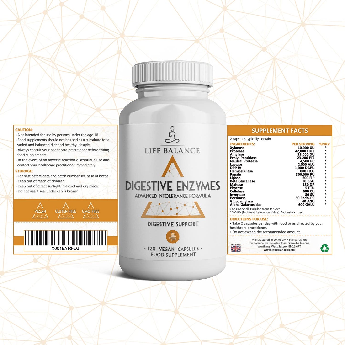 Life Balance Digestive Enzymes - Advanced Intolerance Formula - for Gluten, Casein & Lactose Intolerances - 120 Pullulan Capsules - Vegan - UK Made - No Additives (120 Capsule Bottle)