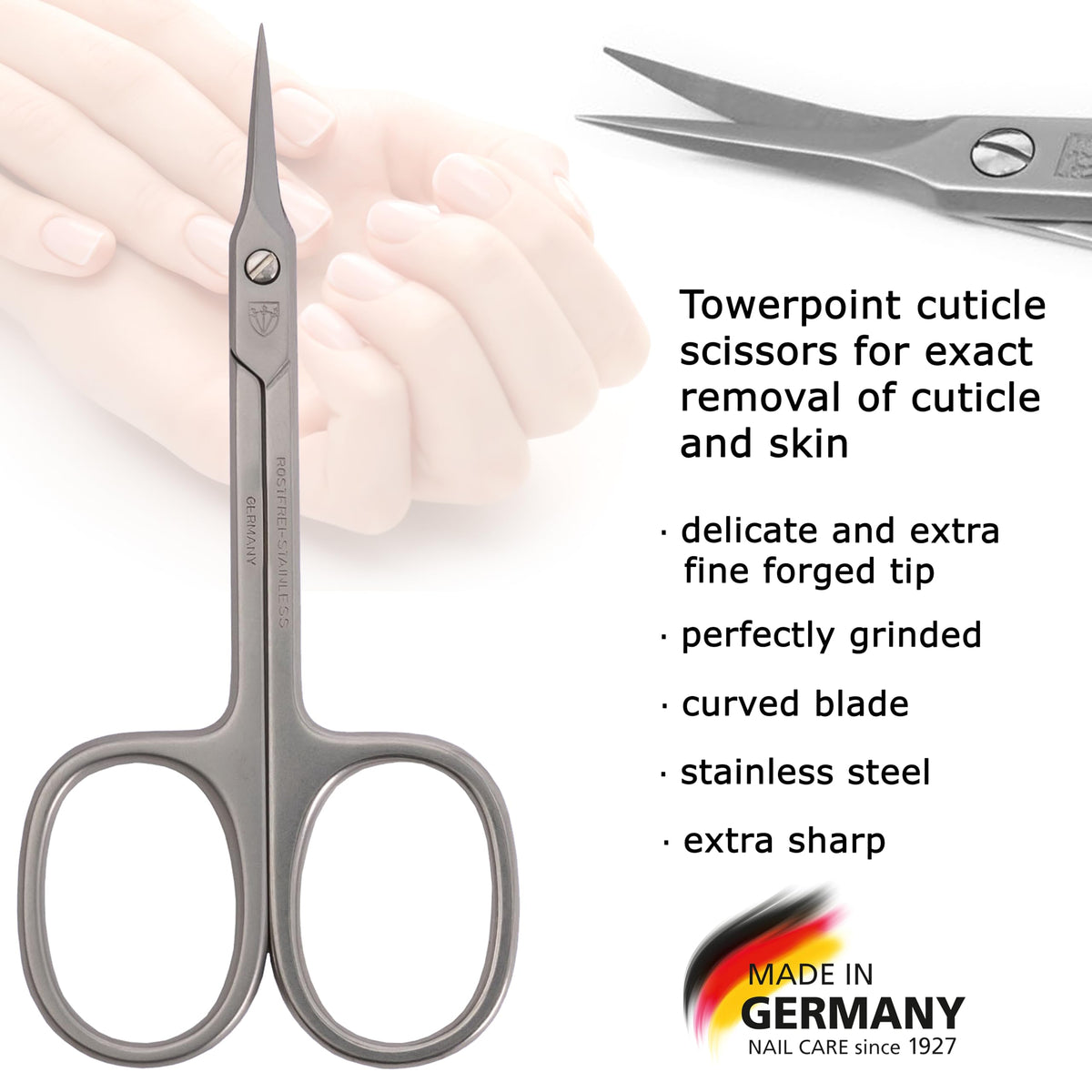 3 Swords Germany | Curved Cuticle Dead Skin Scissors towerpoint tip, Stainless Steel, Extra Sharp - Made in Germany (2815)