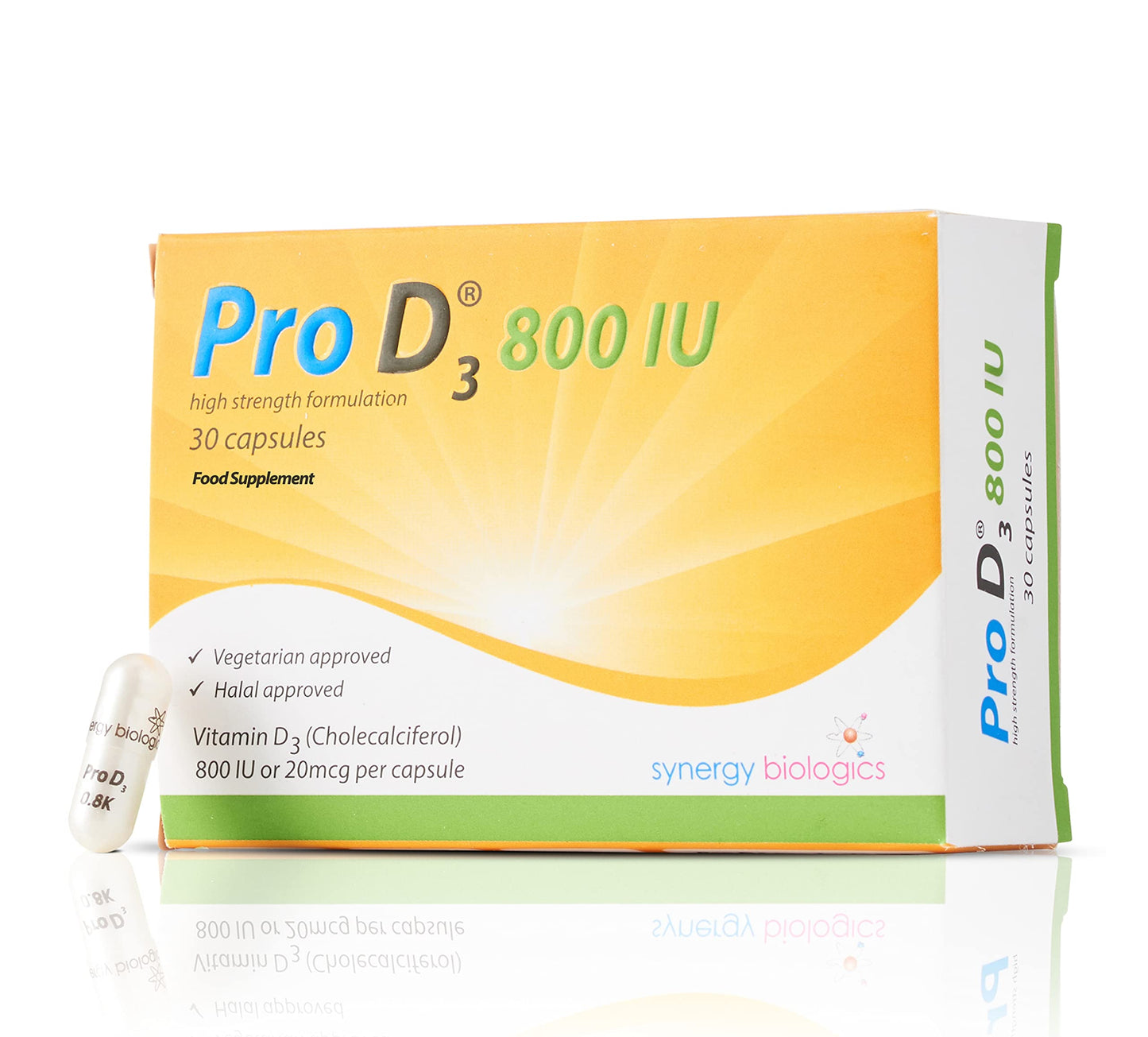 Pro D3 800 IU - Vitamin D3 (30 Capsules) Vegetarian | Made in The UK | Free from Alcohol, Crustaceans, Dairy, Egg, Gelatine, Gluten, Nut, Peanut, Salt, SOYA | Suitable for Halal & Kosher Diets