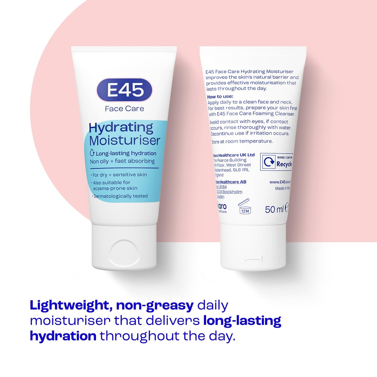 E45 Face Moisturiser – Hydrating Face Cream for Long-Lasting Moisturisation - Lightweight Cream for Dry and Sensitive Skin – Fast-Absorbing and Non-Greasy Formula - Dermatologically Tested - 50ml