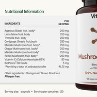 Vital Haven - Mushroom Supplement - Lions Mane, Reishi, Cordyceps, Shiitake, Maitake, Chaga, Agaricus Blazei, Tremella with VIT C - UK Made