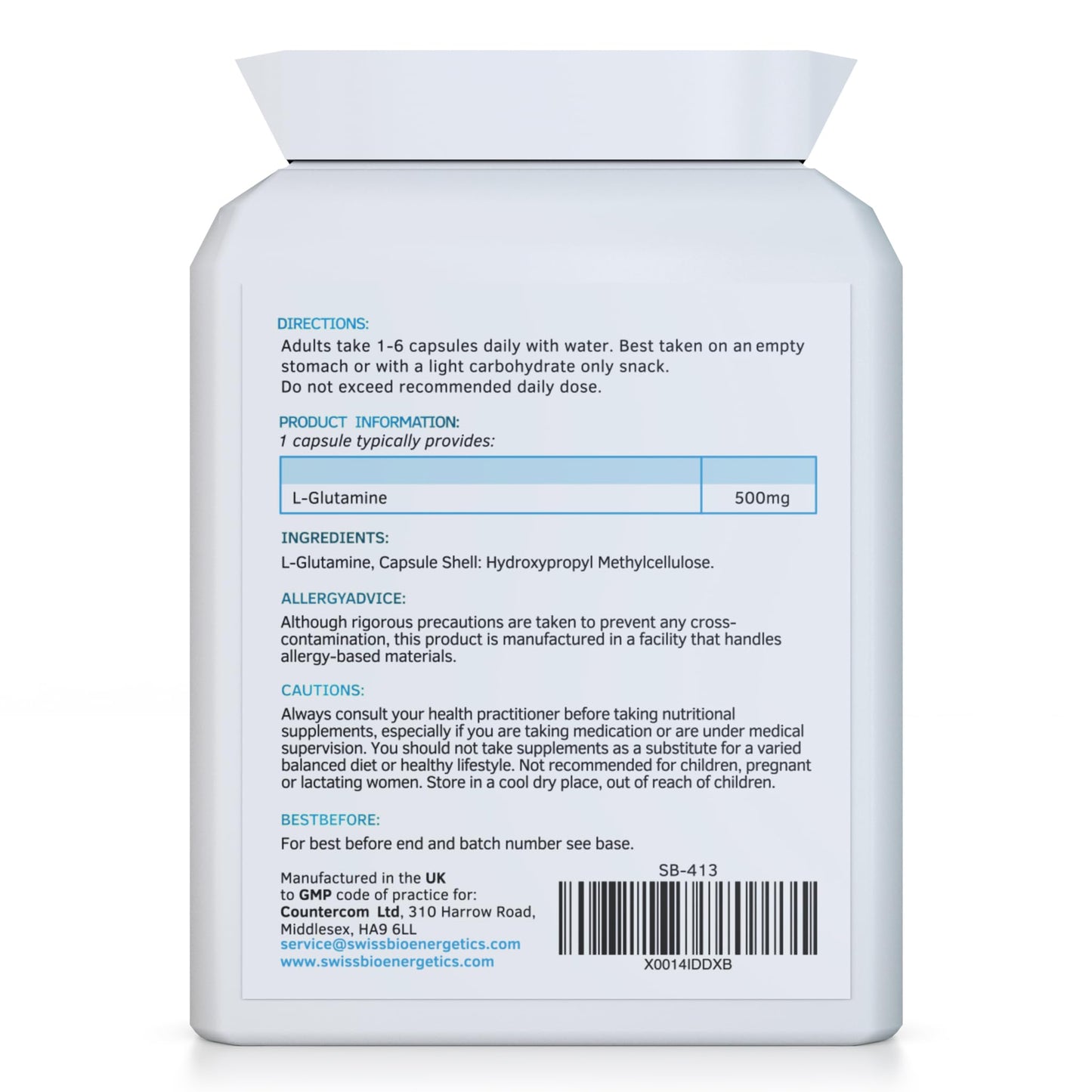swiss bioenergetics L-Glutamine 500mg 90 Capsules - Pure Amino Acid with no fillers or Binders - Suitable for Vegetarians and Vegans – Exclusively Manufactured in The UK
