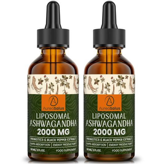 AureaSalus Liposomal Ashwagandha Drops 2000mg, Pure Natural Ashwagandha Extract, Enrich Probiotics & Black Pepper Extract, Stress Relieve Supplements, Increase Energy 60ML (60 ml (Pack of 2))