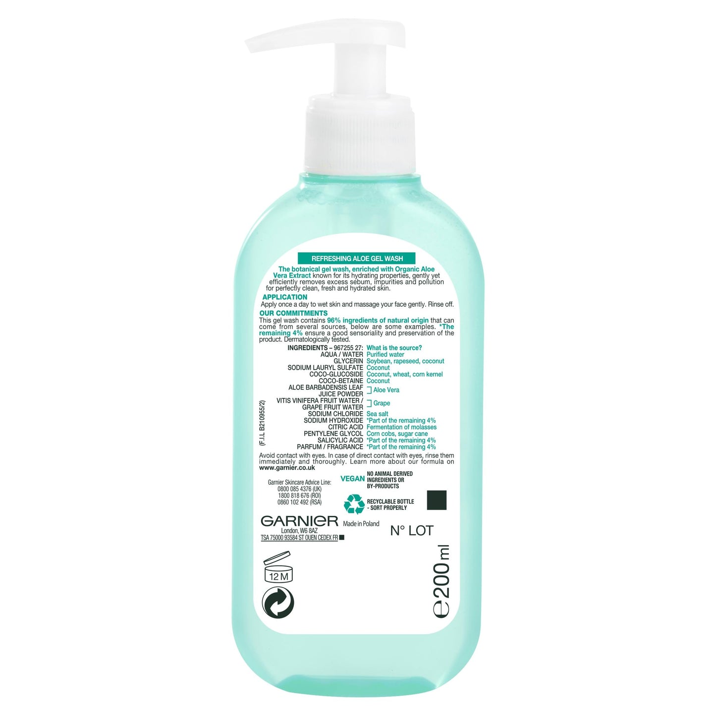 Garnier Natural Aloe Extract Gel Wash Normal Skin, 200 ml [Packaging may vary]