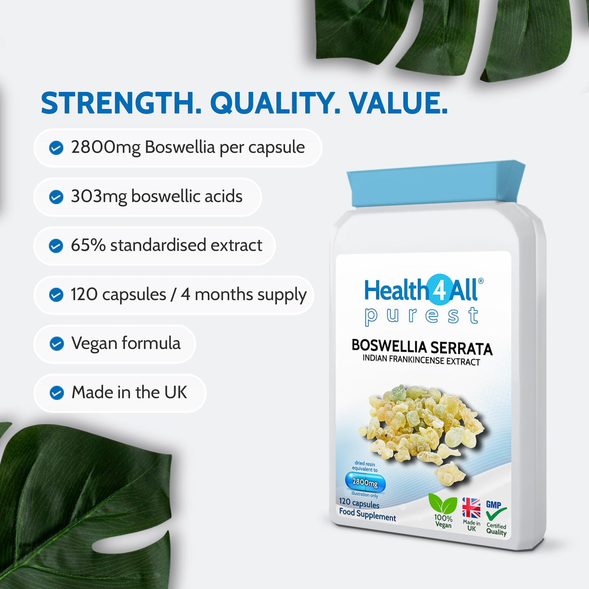 Boswellia Serrata Extract 2800mg (303mg boswellic acids per Capsule) 120 Capsules 4 Months Supply, High Strength Indian Frankincense Resin, Joint Support Supplement | Made in UK by Health4All