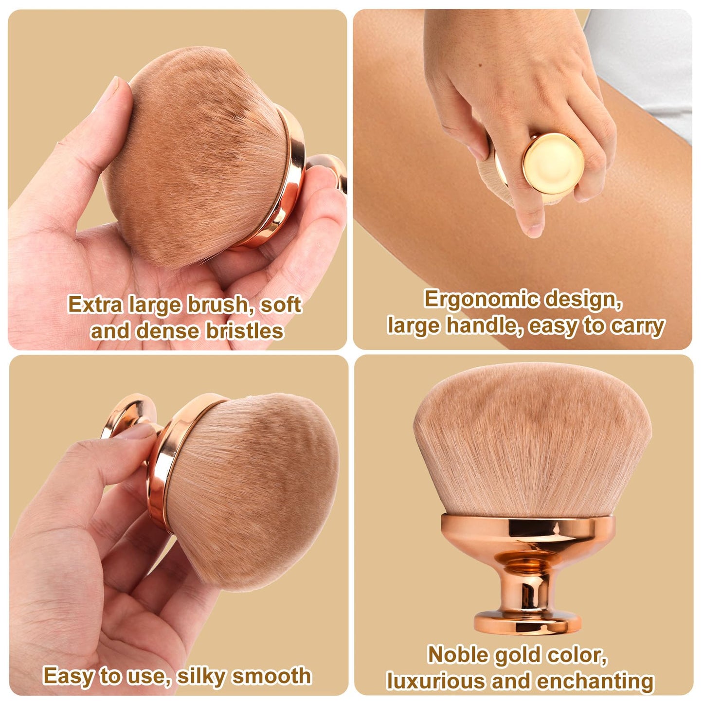 Tinoaly Extra Large Body Makeup Brush for Self Tanner, 3.54 Inch Big Wide-Headed Oval Tan Kabuki Brush Bronzers Blend Self Tanning Applicator with Drawstring Bag for Face Neck Back Legs Wet & Dry Use (Gold)