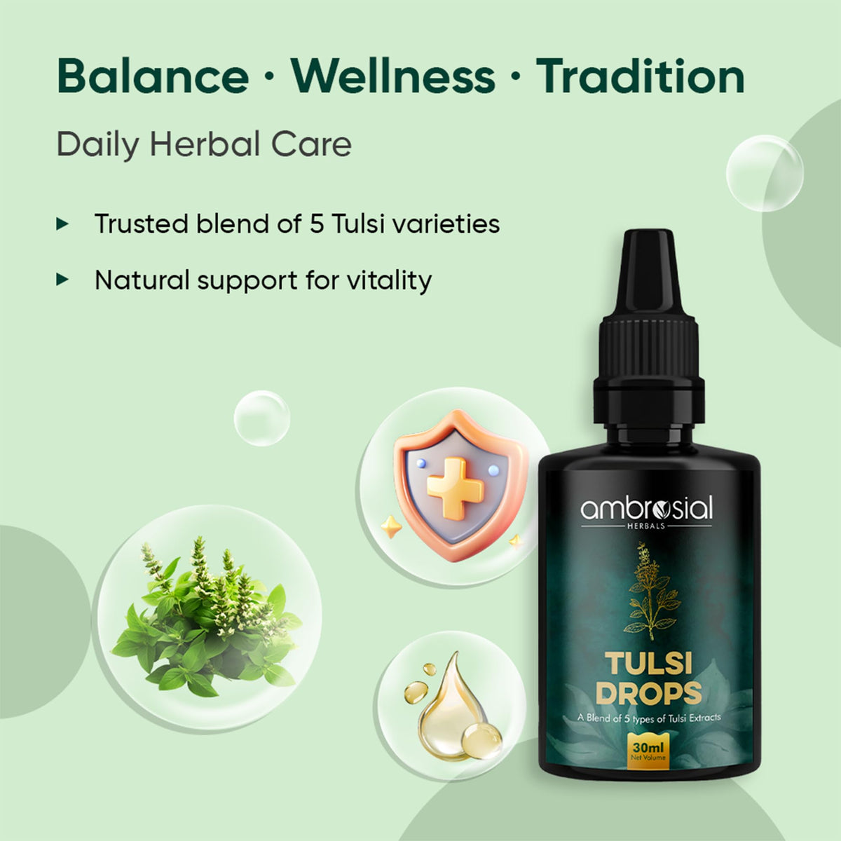 AMBROSIAL Ambrosial Tulsi Drops Concentrated Extract Of 5 Tulsi 30ml | Natural Immunity Booster | Relieves Cough & Cold | Raw Extract of Holy Basil Leaf (30ml)