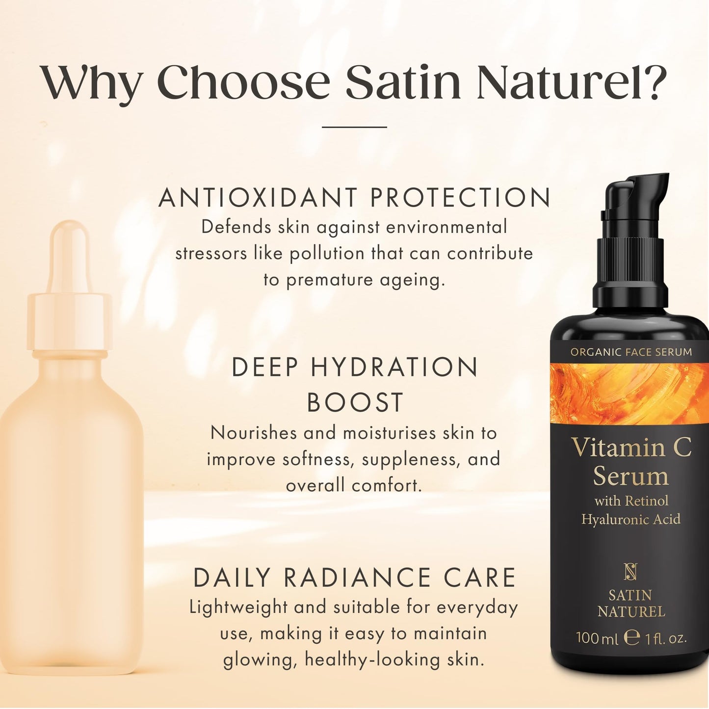 Satin Naturel Vitamin C Serum 100 ml – Anti-Age Face Serum with Retinol, Hyaluronic Acid & Organic Aloe Vera – For Dark Spots & Wrinkles – For Radiant Skin – Vegan & Natural Cosmetics
