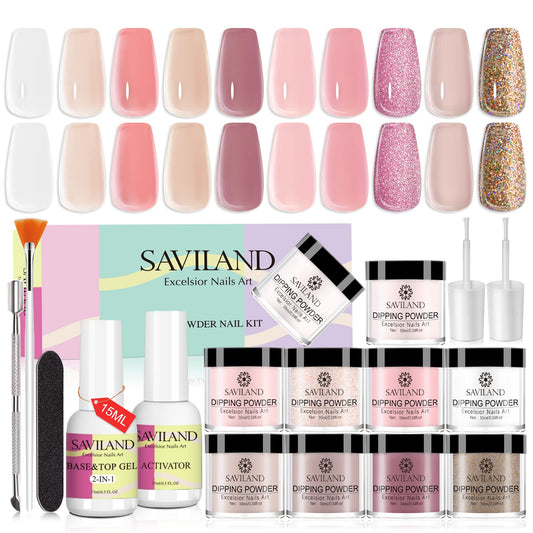Saviland Dip Powder Nail Kit - 10 Colors Nail Dip Powder System French Nail Art Manicure Starter Kit with 2-In-1 Dip Base & Top Coat, Activator for Nail Salon Home DIY, No Nail Lamp Needed