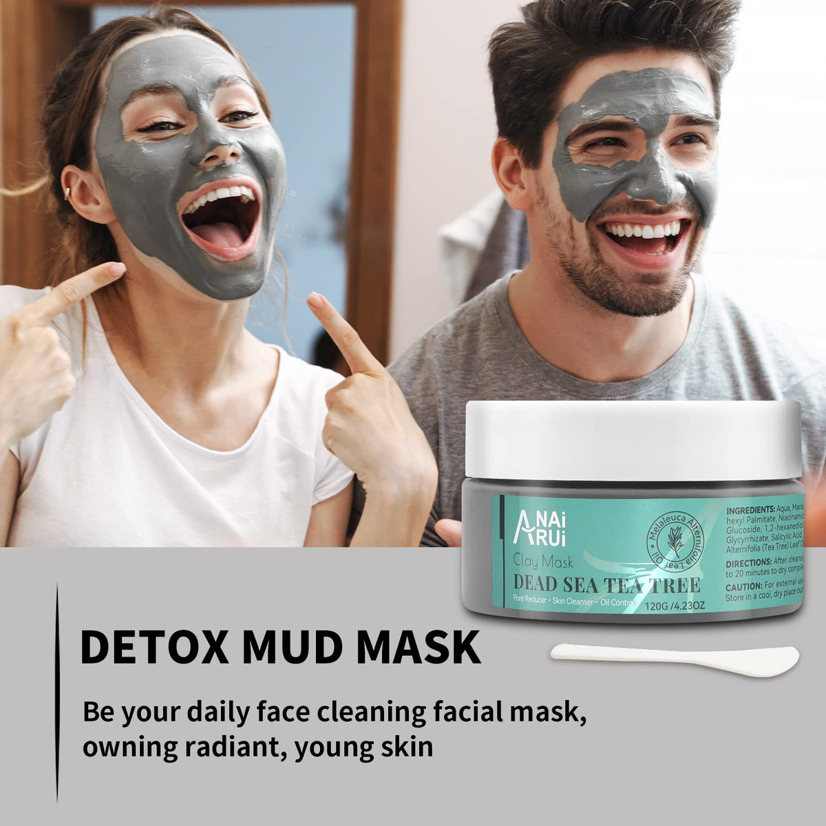 ANAI RUI ANAiRUi Dead Sea Tea Tree Mud Mask, Clay Mask Skincare with Activated Charcoal & Tea Tree Oil for Women and Men, 120g